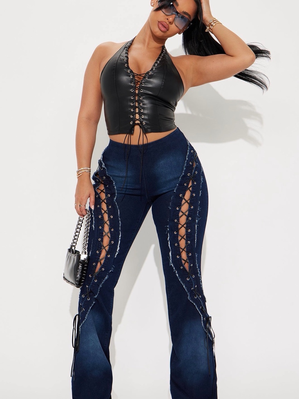 Fashion Nova Dark Blue Lace-Up Flare Jeans